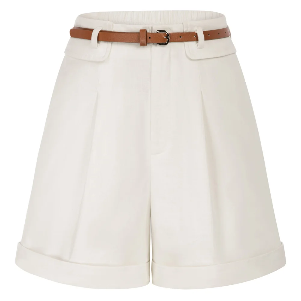 Belle Poque Women Bermuda Shorts With Belt Elastic Elegant High Waist Wide Leg Shorts With Pockets Vintage Summer Short Pants A3