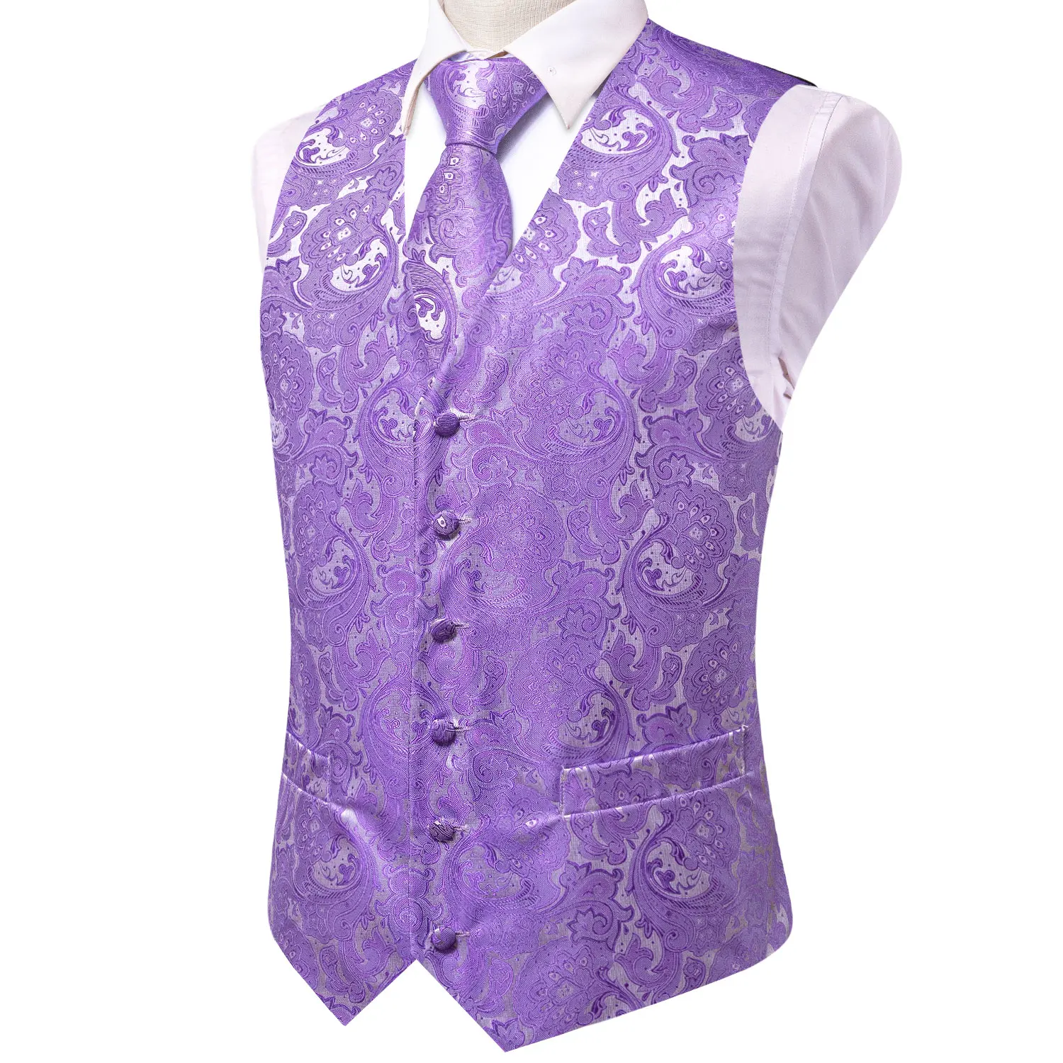 Elegant Purple Silk Mens Vests Tie Fashion Paisley Jacquard Sleeveless Jacket 4PC Hanky Cufflink Paisley Suit Waistcoats Wedding 5