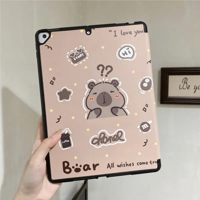 Adorable Capybara Cartoon Tablet Case with Pen Tray - Leather Finish