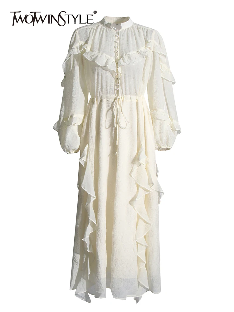 

TWOTWINSTYLE Patchwork Ruffles Elegant Dress For Women V Neck Long Sleeve High Waist Spliced Button Elegant Dresses Female New