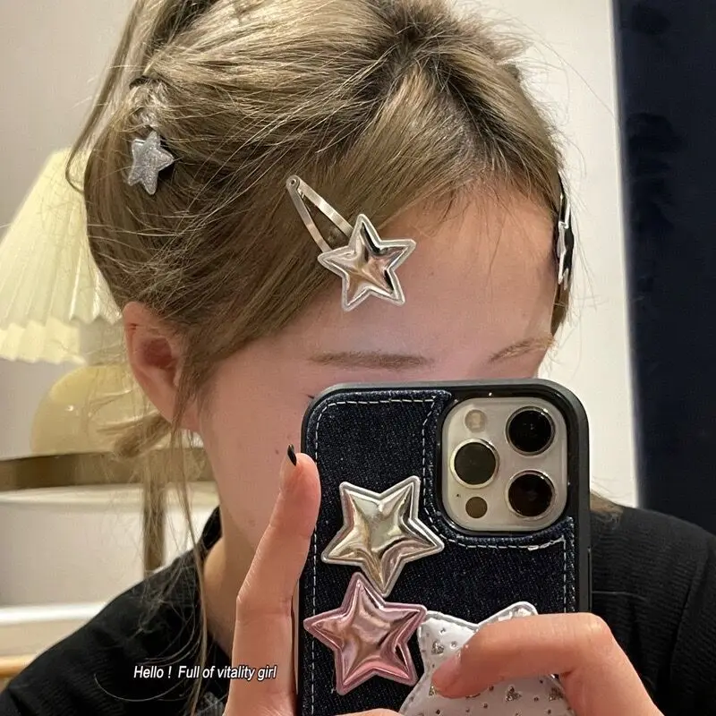 2 stücke Silber Farbe PU Stern Haar Clips Y2K Silber BB Snap Clip Haarnadeln Nette Seite Haarspange Kopfbedeckung mädchen Frauen Haar Accessoires – Detail 9