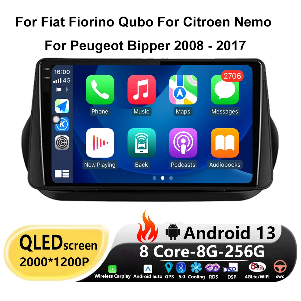 Android 13 10 "Per Fiat Fiorino Qubo Per Citroen Nemo Per Peugeot Bipper 2008 - 2017 Autoradio Stereo Lettore Multimediale Stereo