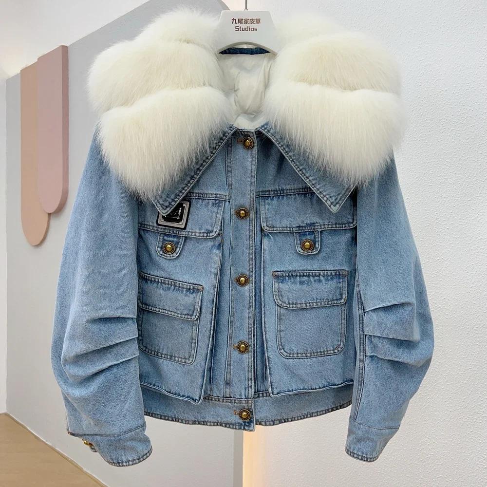 

2023 Winter Women's Denim JacketCoats Goose Down Natural Real Fox Fur Big Collar Coat Outwear Luxury Female Jacket