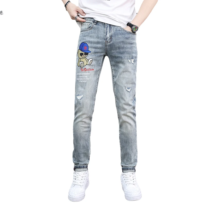 

2024 new jeans men's thin section light grey fashion brand doll embroidery Slim men's trousers casual elastic streetwear Clothin