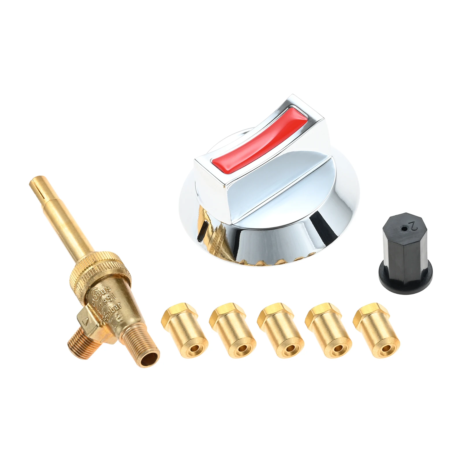 Long Stem Gas Stove Valve with Knob and 5pcs Orifice Pack Kit 0.7mm, 1.2mm, 2.0mm, 2.5mm, 3.2mm Replace for Robertshaw 4626-001