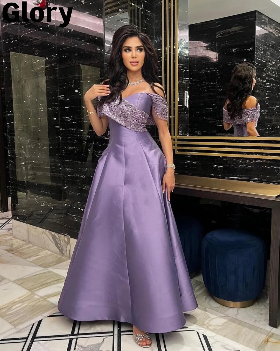 LightPurplePromDresses2023OffShoulderSparklySequinsALine