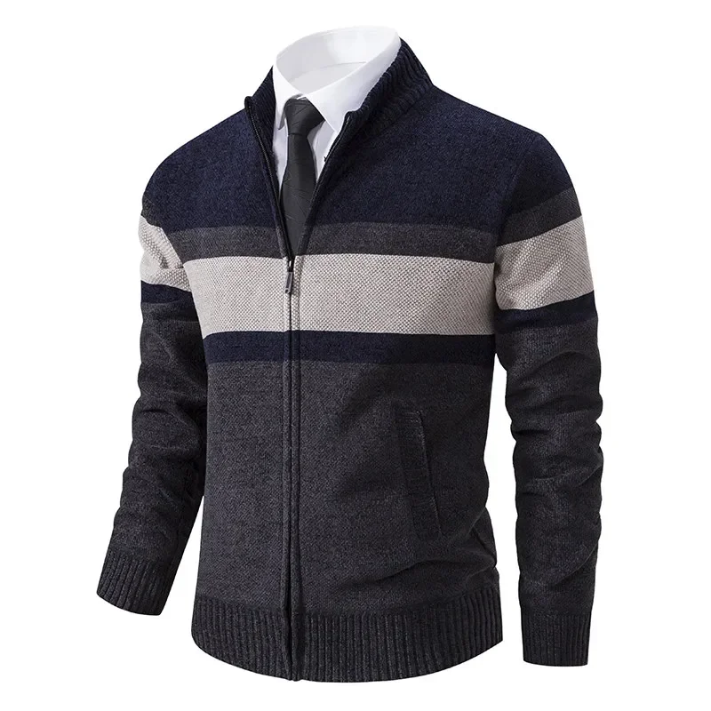 CASUMANL 2025 Elegant Golf Wear Men Sweater Coat Knit Slim Fit Zip Up Warm Striped Mens Designer Clothes