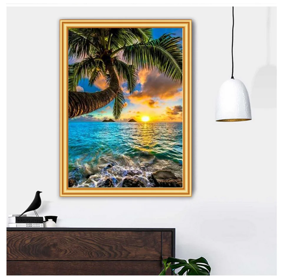 5D DIY Diamond Painting Landscape Sunset Sea Full Drill Embroidery Beach Scenery Mosaic Art Picture of Rhinestones Home Decor