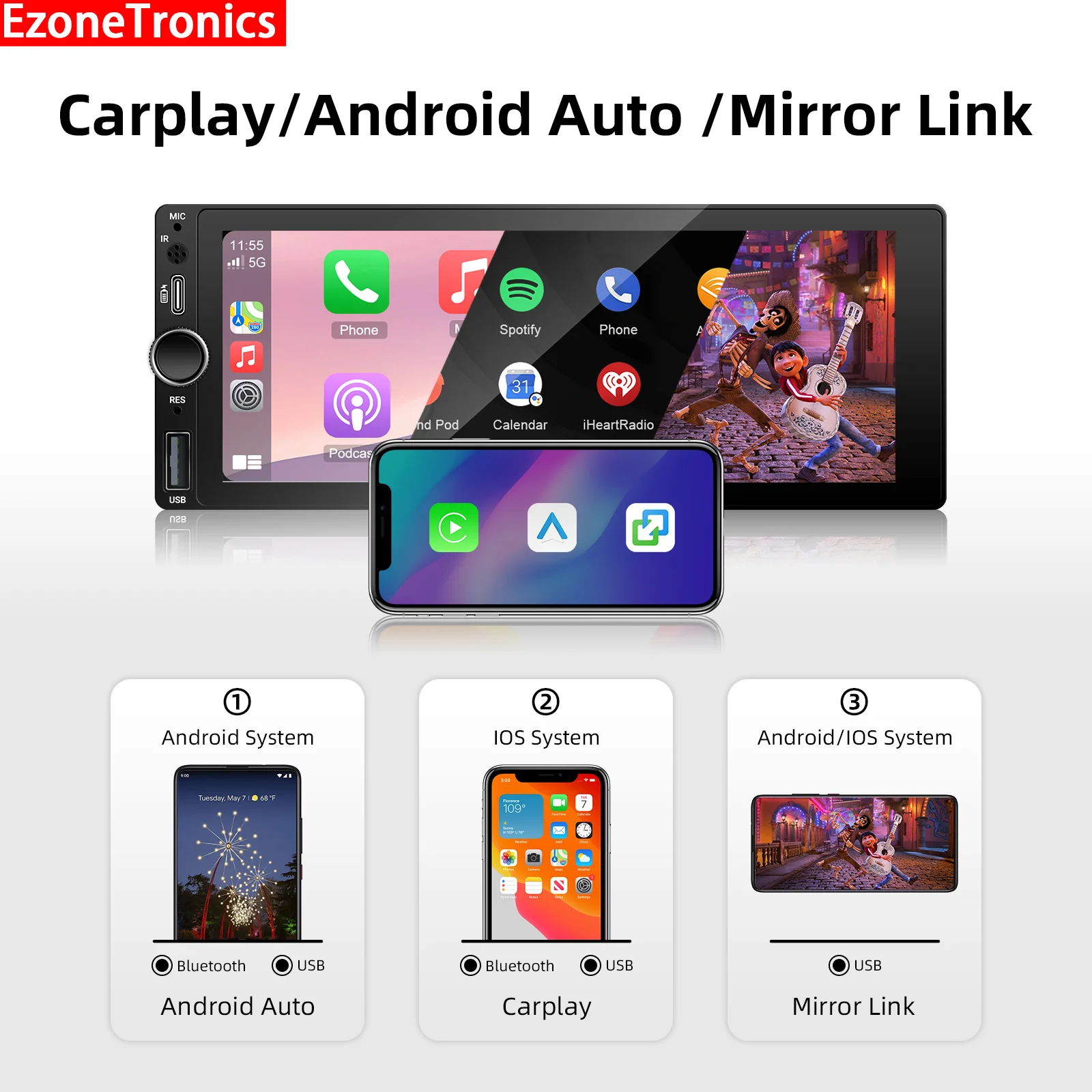 Ezonetronics Universal 6.86-inch screen MP5 Player 1 Din type Car Multimedia Player with CarPlay Android Auto AUTO AUX USB SWC