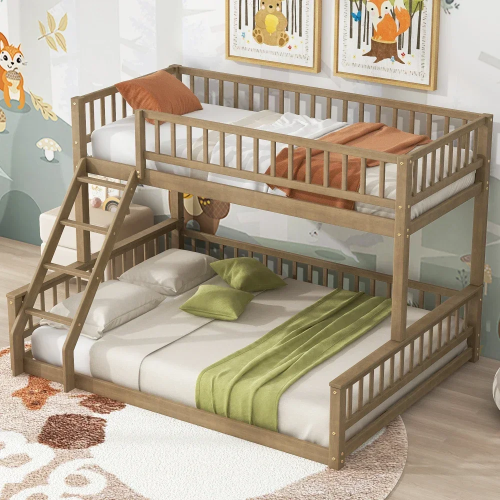 Children Beds Twin XL Over Queen Bunk Bed with Ladder and Guardrails, Walnut Kids Furniture Bed for Boys Bunk Beds Bed for Girls 4