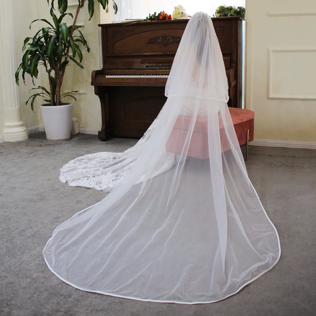 Women's Long Chapel Length 1 Tier Wedding Veils for Brides 2023 with Comb Wedding Bridal Veil Ribbon Edge veu de noiva longo
