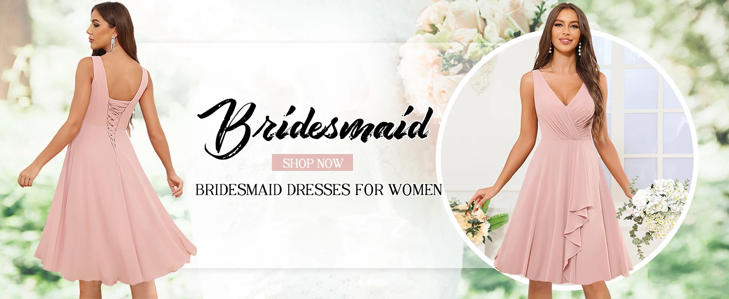 Bridesmaid Dresses for Women Pleated Ruffles Chiffon V-Neck A-Line Evening Formal Gown with Pockets