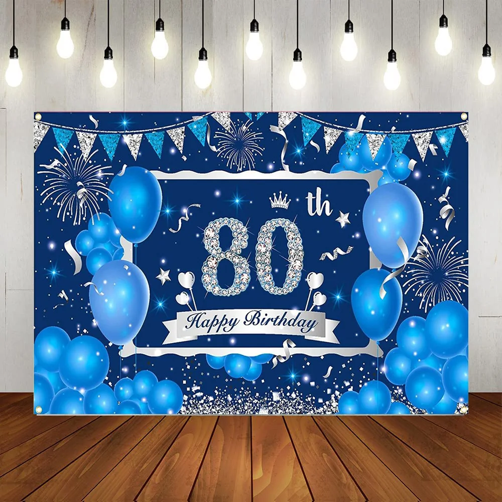 

Blue Happy 80th Birthday Decorations Banner for Men Women Silver Backdrop Eighty Anniversary Party Decorations Supplies Poster