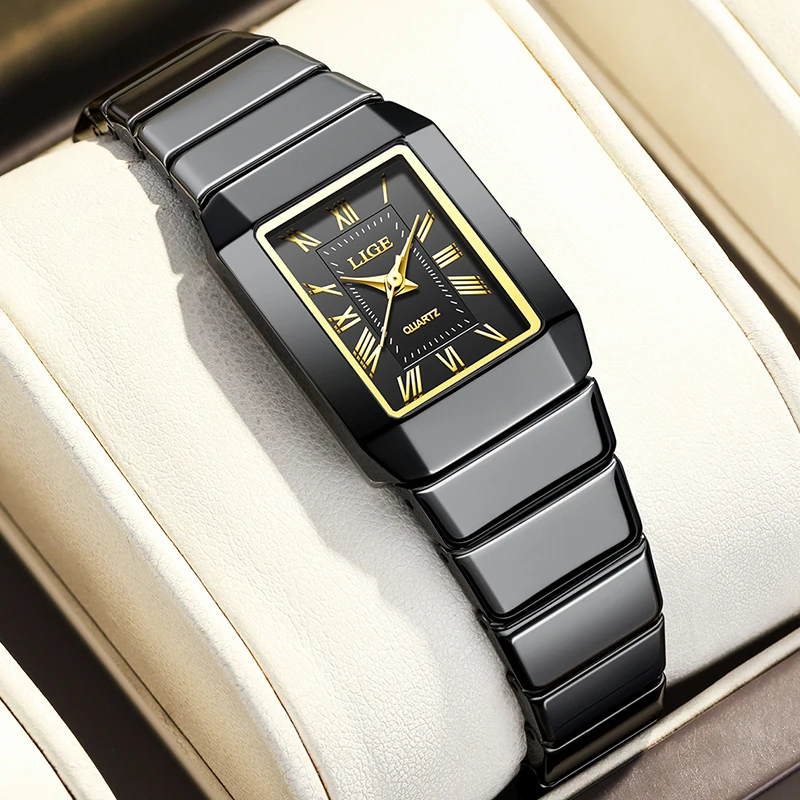 LIGE Simple Square Black Ceramic Watch Women Fashion Elegant Ladies Quartz Wristwatch Outdoor Sports Waterproof Clock Femme Gift