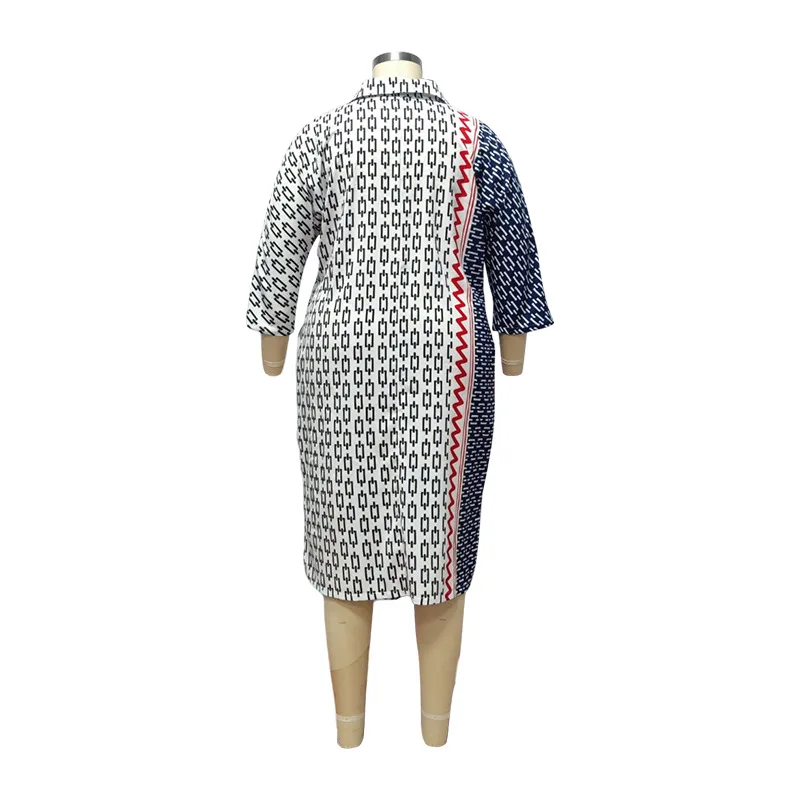 Spring Summer Clothes for Women Geometric Print Fashion Turn-down Collar Half Sleeve Loose Pockets Plus Size Casual Midi Dresses