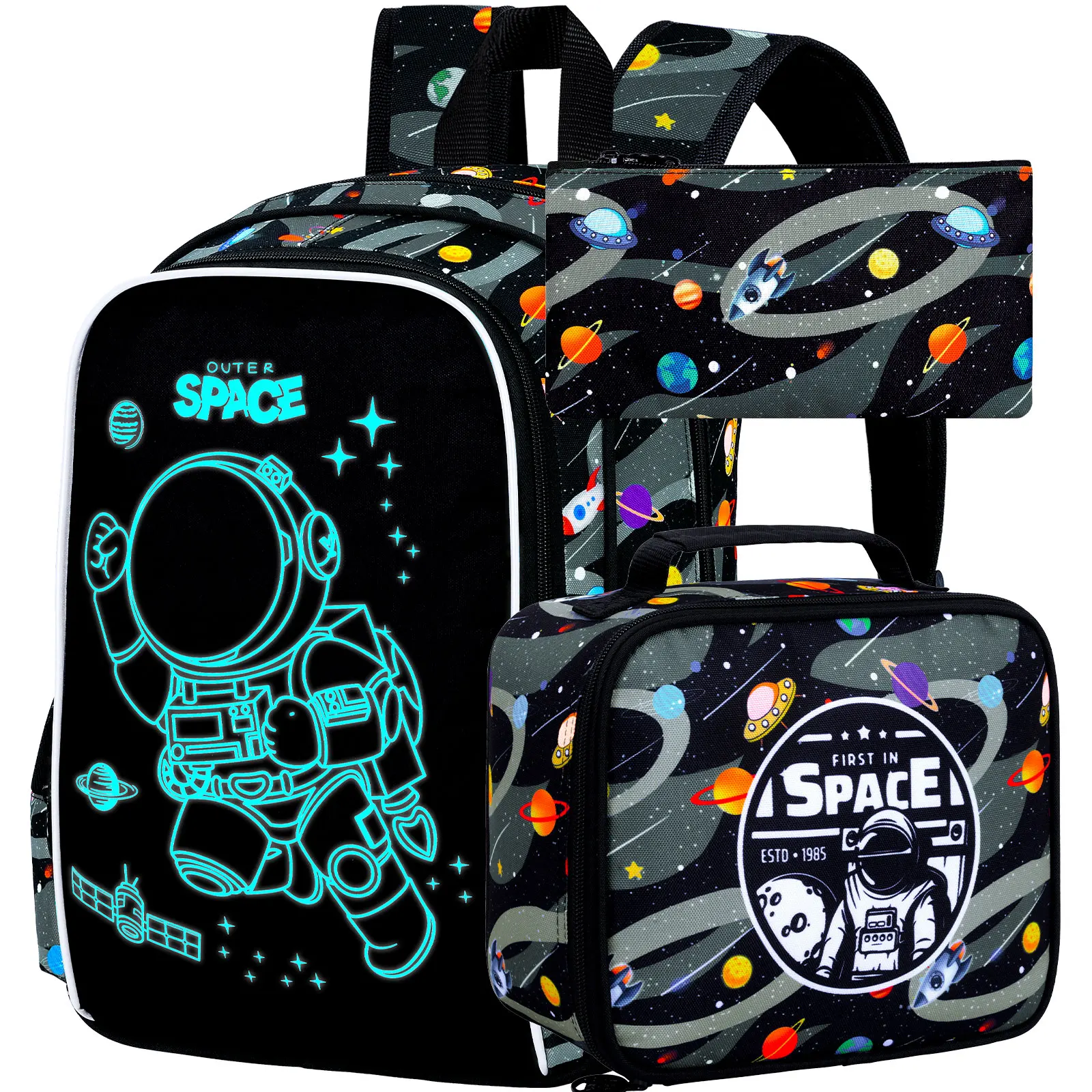 3Pcs Boys Backpack, 16" Kids Bookbag with Lunch Box, Eagle School Backpacks for Elementary Preschool Kindergarten (Black)