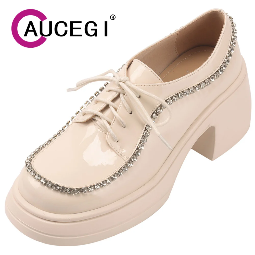 

Aucegi New Round Toe Crystal Genuine Leather Pumps Women Lace Up Platform Thick Sole Designer Spring Autumn Party Casual Shoes