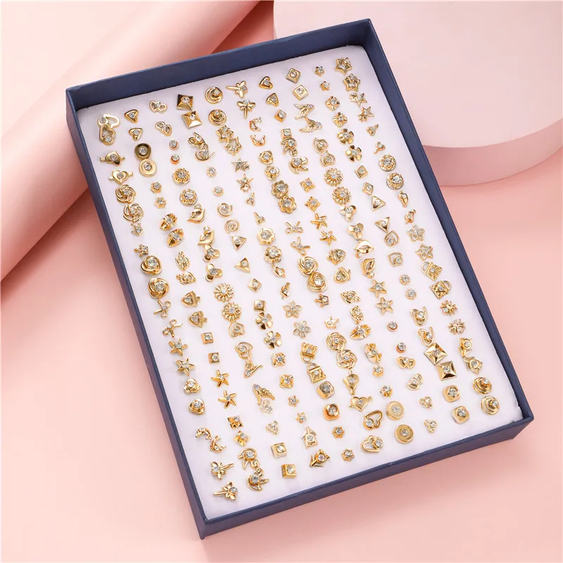 100 Pair/Lot Small Mini Stud Earring Set For Girl Love Star Animal Geometric Random Female Wedding Party Ear Jewelry Accessories 1