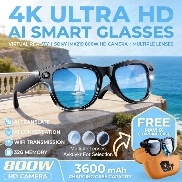 2026 Smart AI Glasses 4K 800W Camera 3600mAh Power Bank 32GB Translation ChatGPT Music Photos &Video Sunglasses Men