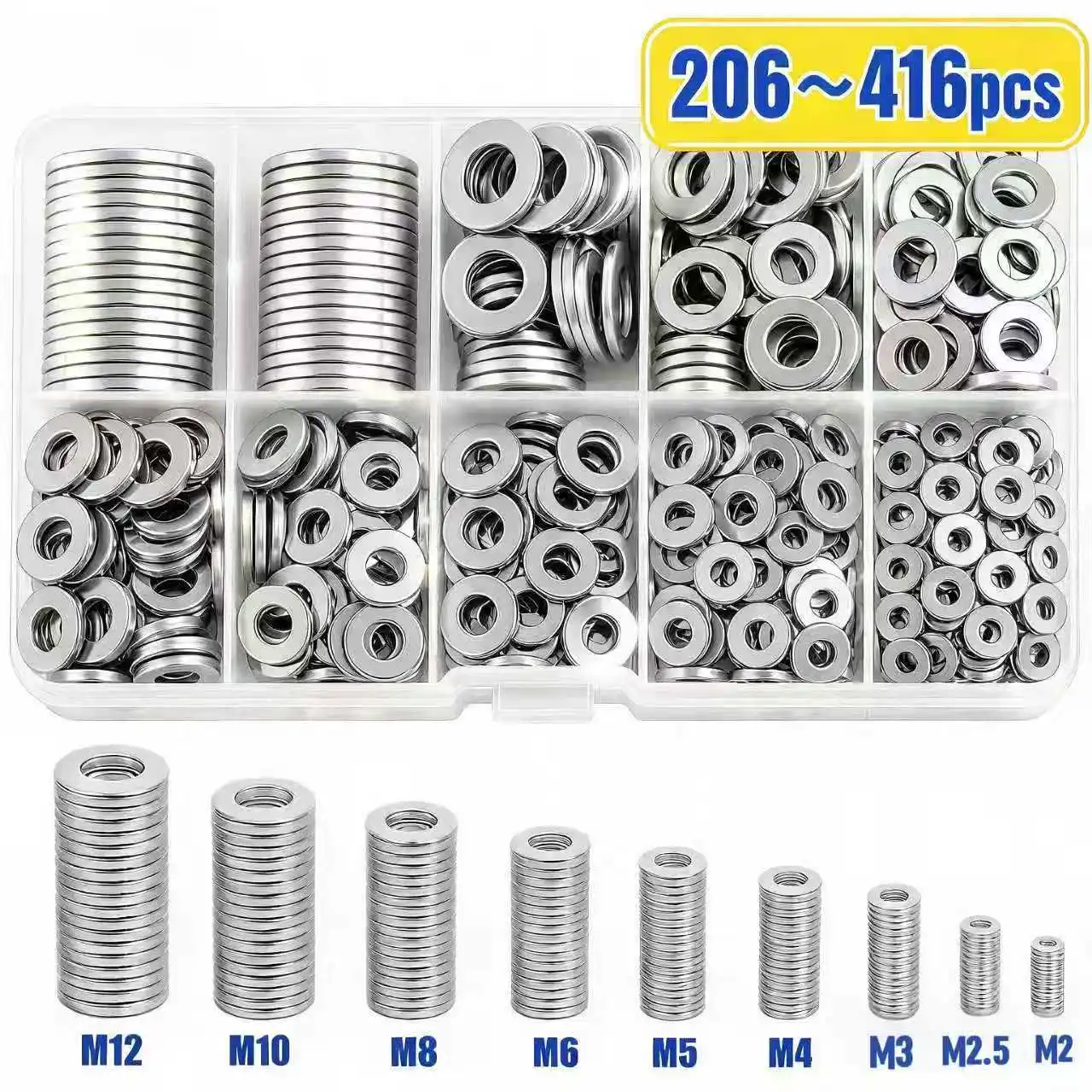 High-Quality Stainless Steel Washers Assortment Kit – Versatile Metal Washers for Industrial Use (206/416 Pieces, 9 Sizes)
