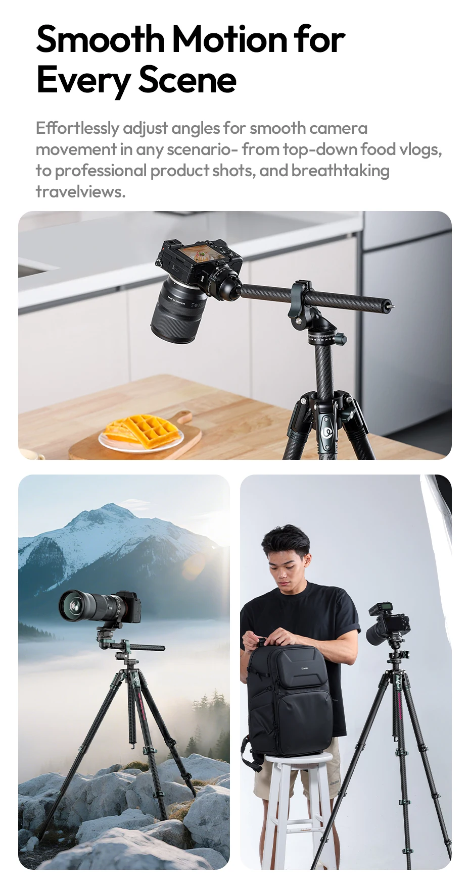 GlideGo Travel Tripod Carbon Fiber Tripod with Dual-Section Center Column for Lo