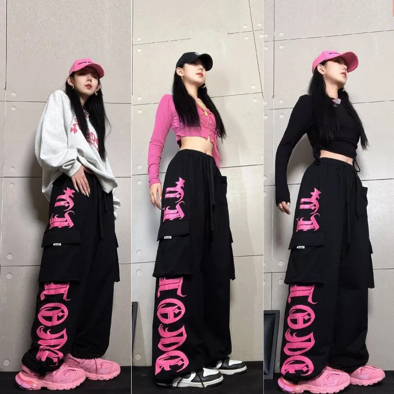 2024 American Spicy Girl Trendy Brand Black Rose Pink Printed Workwear Pants Female Personality Street Hip Hop Loose Dance Sport