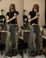 Retro American Denim Jeans Women's Summer New Sle Waed Straight Leg Floor-Length Trousers Trendy Hole Punching