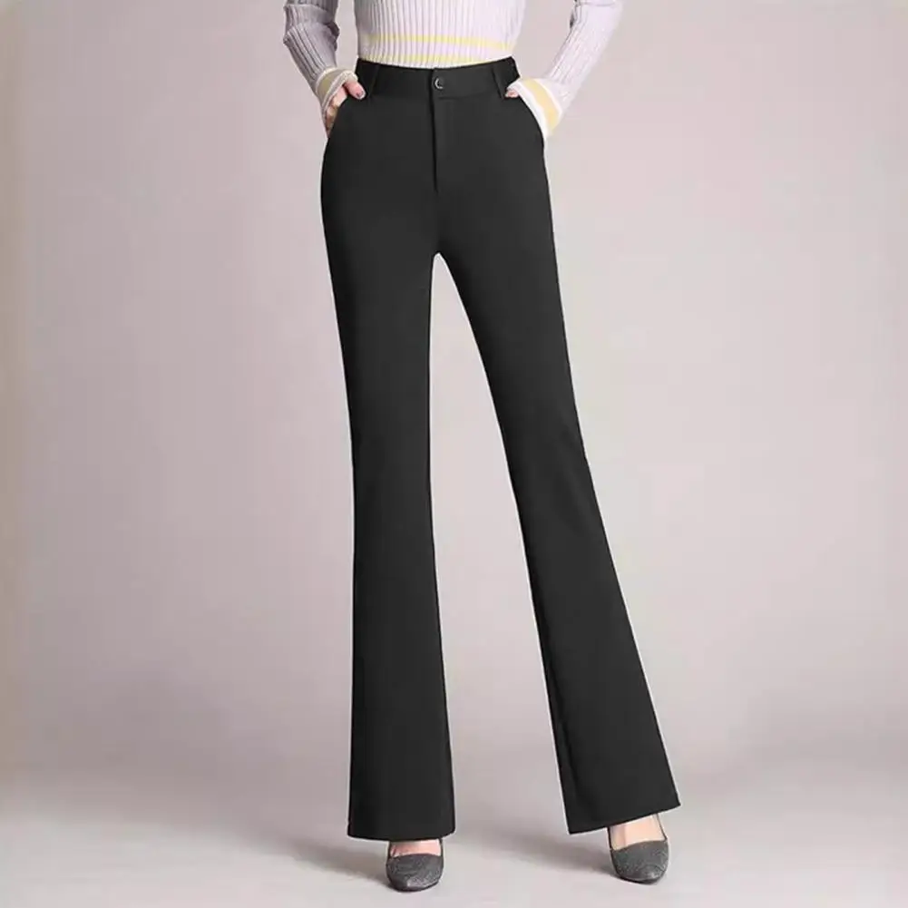 

Women Long Pants High Waist Solid Color Straight Leg Flared Design Trousers Button Zipper Suit Pants Ladies Career Long Trousers