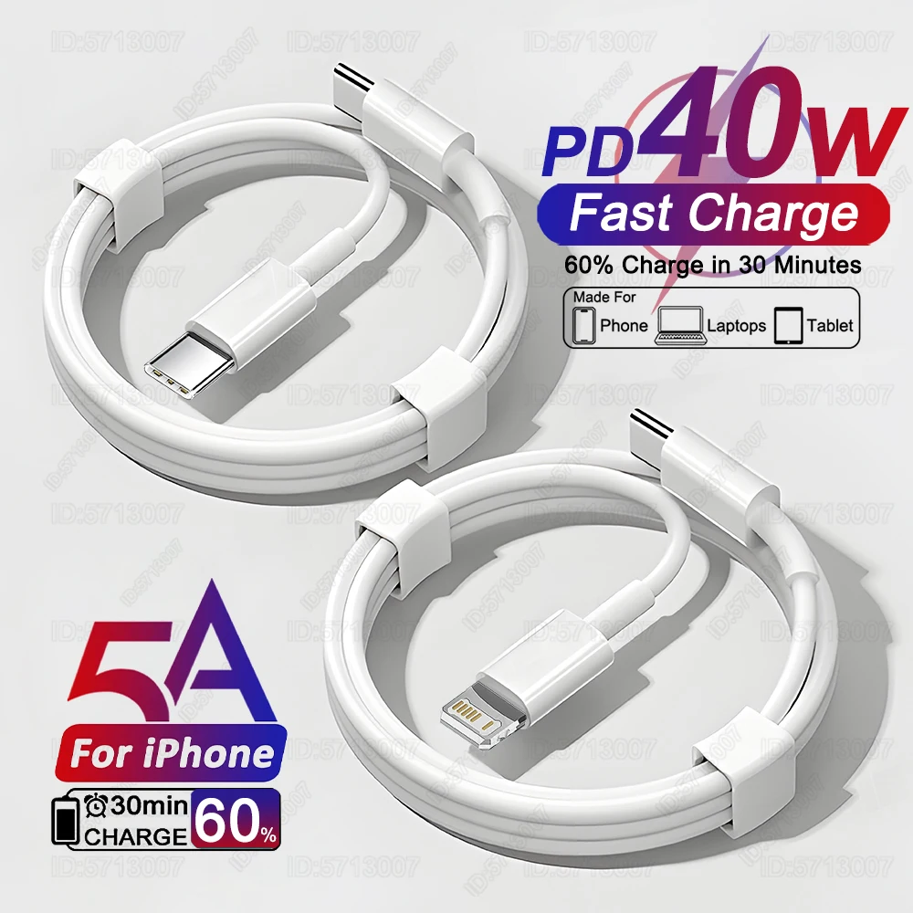 Original 40W PD USB C Fast Charger Cable For Apple iPhone 16 15 14 13 12 11 Pro Max X XR 8 7 Plus iPad USB Type C Data Sync Line