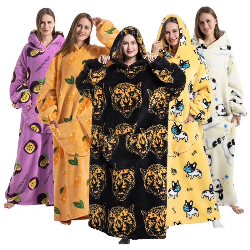 Women Men Wearable Blanket Hoodie Adult's Winter Home Wear Thick Loungewear Plush Flannel Pajamas