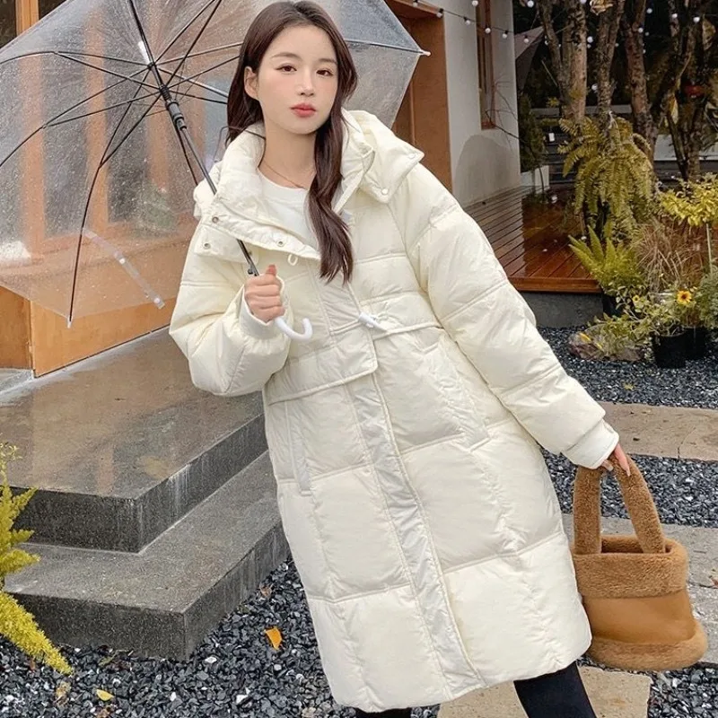 2023 New Women Down Jacket Winter Coat Female Korean Version Loose Parkas Horn Button Outwear Over Knee Hood Thickening Overcoat new men s down jacket korean version of the slim over the knee male female couple long section winter thickening coat