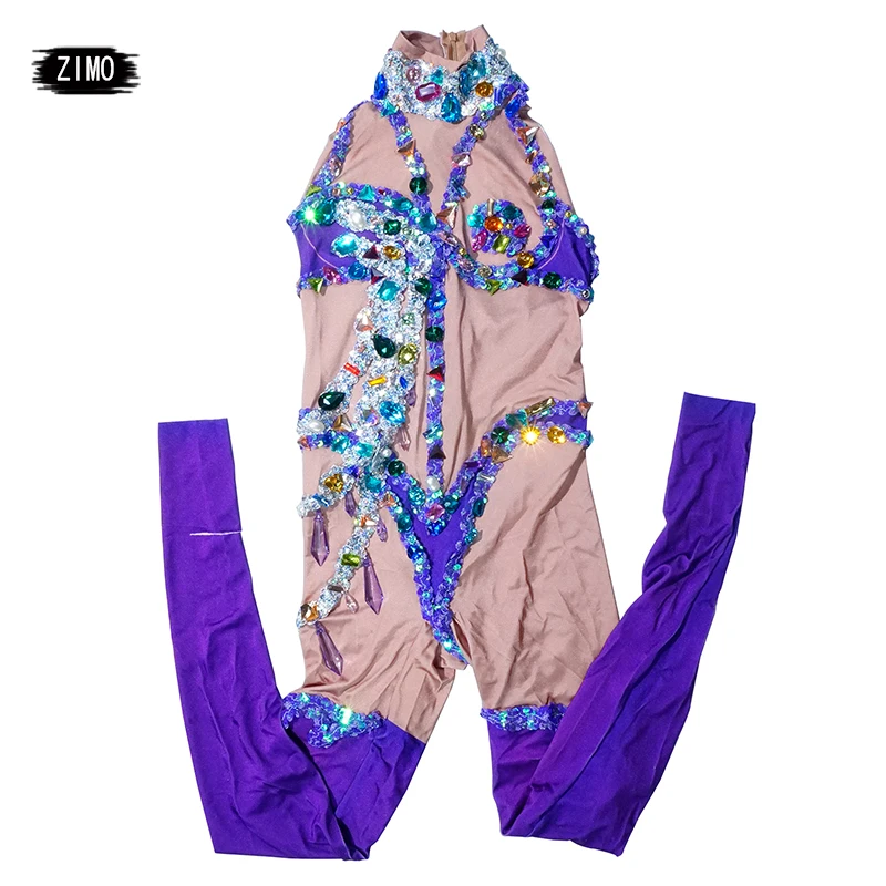 fashion crystal Purple rhinestone Jumpsuit Woman Birthday Celebrate sexy Stage Performance DS club birthday pole dance clothing