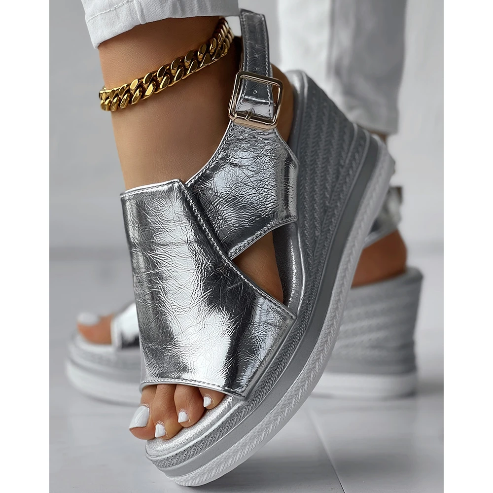 Fashion Women Hollow Out Slingback Peep Toe Sandals Lady Summer Casual Wedge Going Out Sandals Platform Ankle Buckle Shoes Party