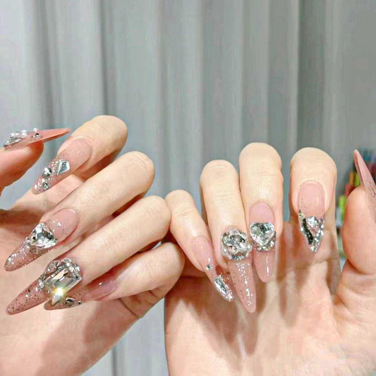 950pcs12 palace box transparent color flat nail rhinestone rhinail diamond fat square crooked heart special nail tip drill set 3