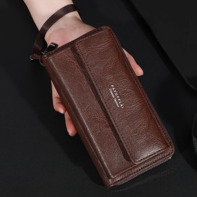 Men's PU Zipper Handbag Large Capacity Long Wallet Clutch Bag Phone Bag Multi card Card Holder Coin Purse Wallet Double Layer