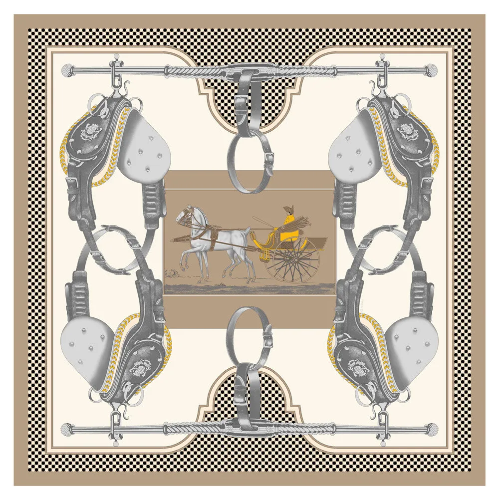 POBING Seidenschal für Damen, große Schals, Pferdewagen-Druck, Stolen, quadratisches Bandana, luxuriöses Kopftuch, Hijab-Schal, weibliche Foulards, 130 cm – Detail 1