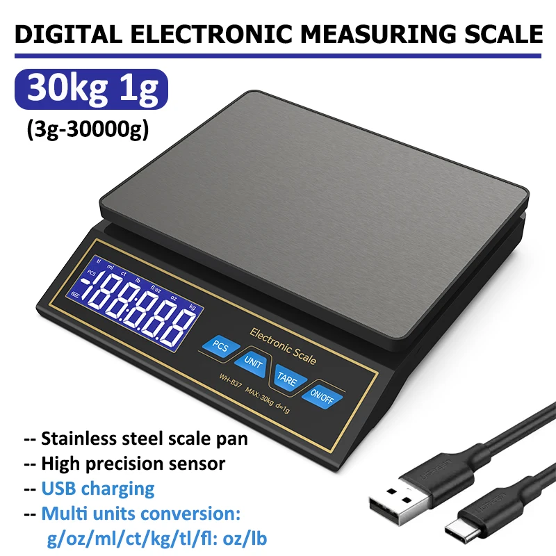 LCD Digital Kitchen Scale 30kg/1g Rechargeable Stainless Steel Panel Electronic Scales Home Jewelry Food Weighing Baking Tools