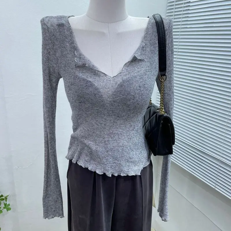 

BEENLE 2023 Autumn New Korean Fashion Slim V-neck Sexy Blouses Long-sleeved T-shirt Women's Bottoming Shirt Spring Sweater