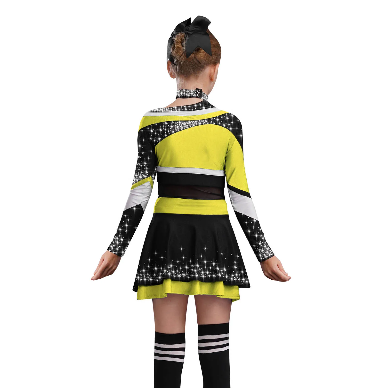 Cheerleading-Outfits für Kinder und Mädchen, Cheerleader-Tanz-Performance-Kostüm, langärmlig, mit Buchstaben-Aufdruck, glänzendes Strass-Oberteil mit Rock – Detail 13