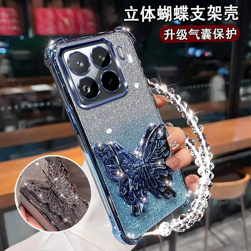 Gradient Glitter Butterfly Holder Phone Case with Strap and Electroplated Finish