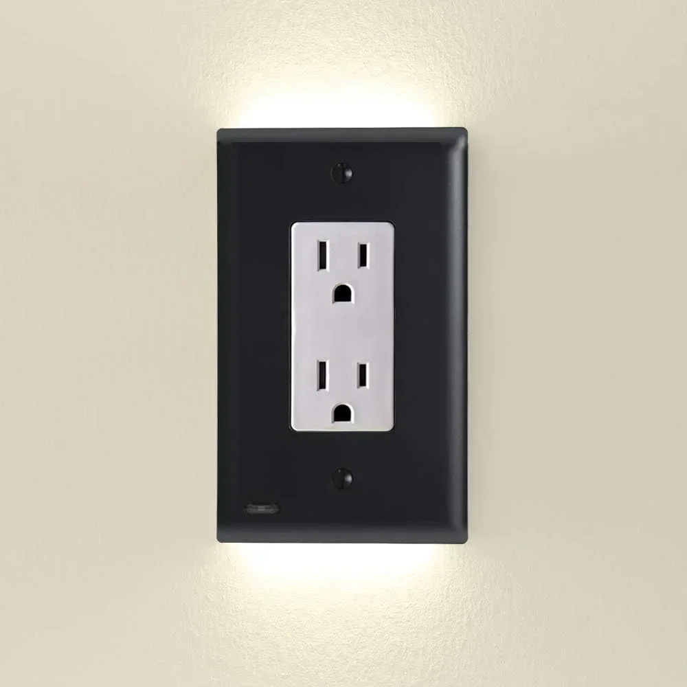Duplex Electrical Outlet Cover Plugboard Plug-In Electrical Receptacle Wall Plate With LED Night Lights Up and Down- Auto Sensor