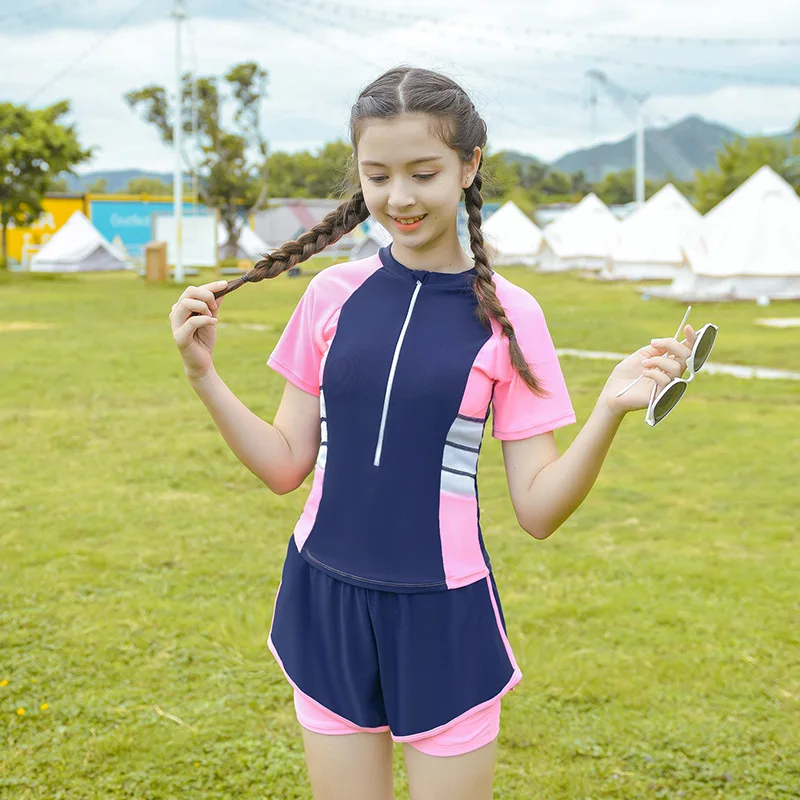 Double Layers Shorts Girls Swimwear Two-Pieces Swimsuit Summer Beach Clothes Patchwork Kids Short-sleeve Suits For Girl
