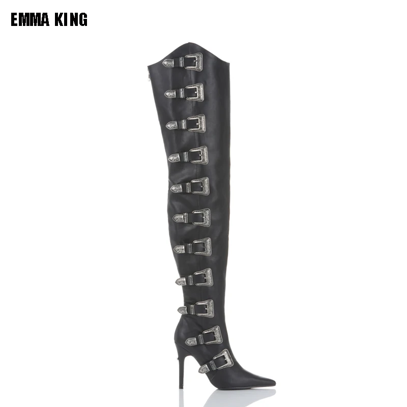 

2023 Sexy Black Orange Buckles Rivets Over The Knee Boots Woman Fashion Pointed Toe Long Boots Lady Punk Boots 44