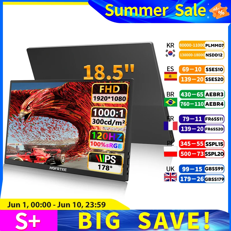 HGFRTEE 18.5인치 휴대용 모니터 120Hz RGB100%(VESA 홀 및 후면 브래킷 포함) 노트북 확장 디스플레이 ADS-IPS HDR 스크린