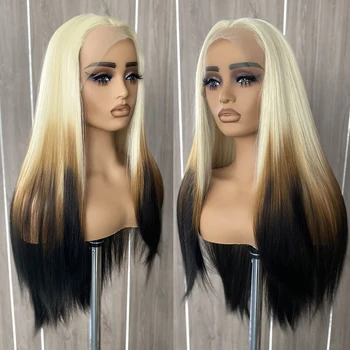 Women's 613 Colored Lace Wig Long Silky Straight Ombre Brown Wig Blonde Root Synthetic Lace Front Wigs Glueless Natural Hairline