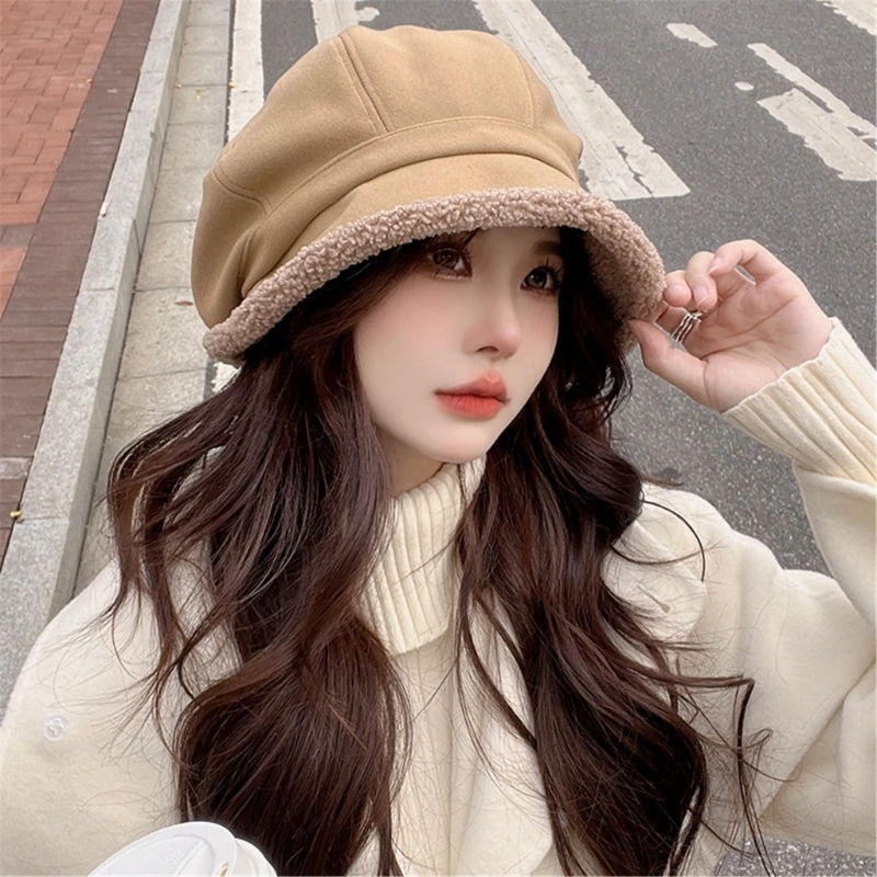 여성용 플러시 베레모 모자 쿨 소녀 드라이버 캡 통기성 모직 팔각형 모자 D46A