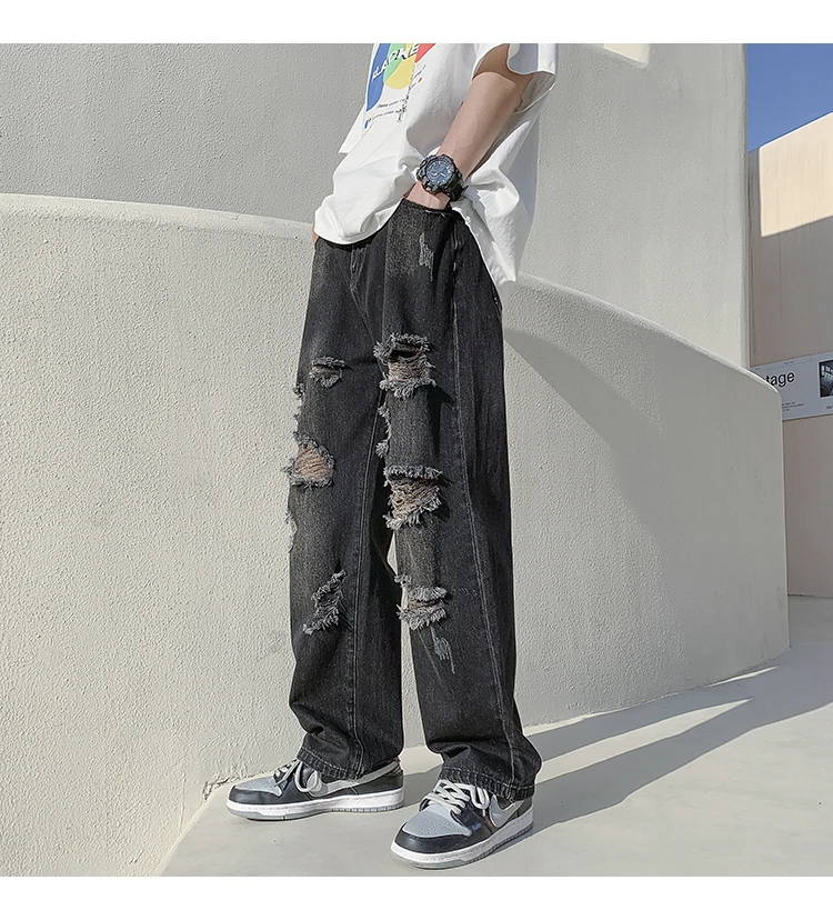 

Summer Men's Fashion Hole Denim Pants Destroyed Ripped Design Straight Jeans for Men High Street Hip Hop Casual Biker Jeans