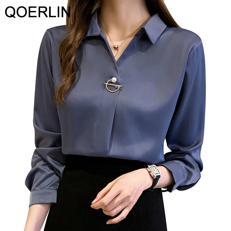 

QOERLIN Turn-Down Collar V-neck Commuter Blouse Long Sleeve Women Beaded Bishop Sleeve Office Ladies OL Style White Blue Shirts
