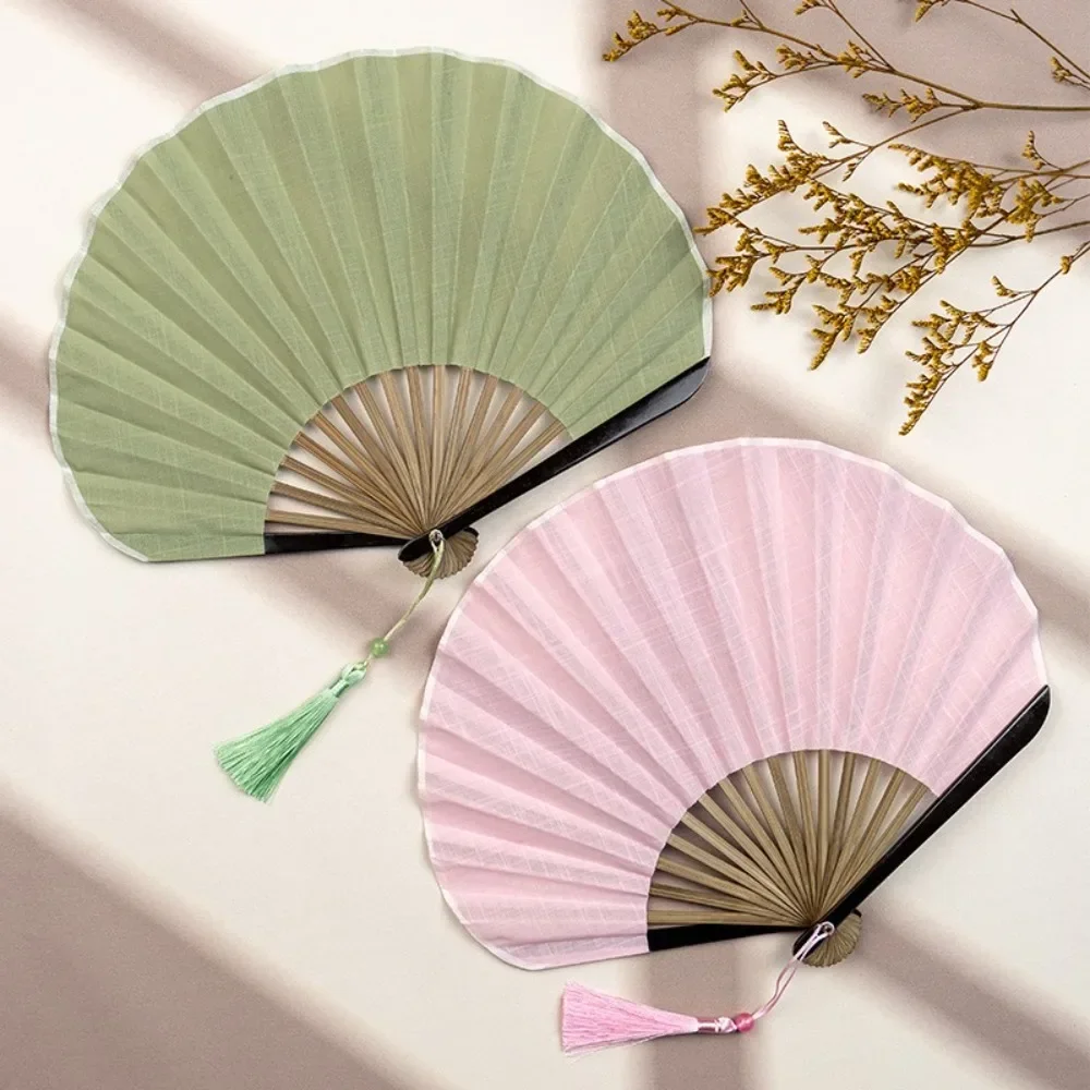 Retro Solid Color Cotton Linen Portable Folding Fan - Cute and Compact Design