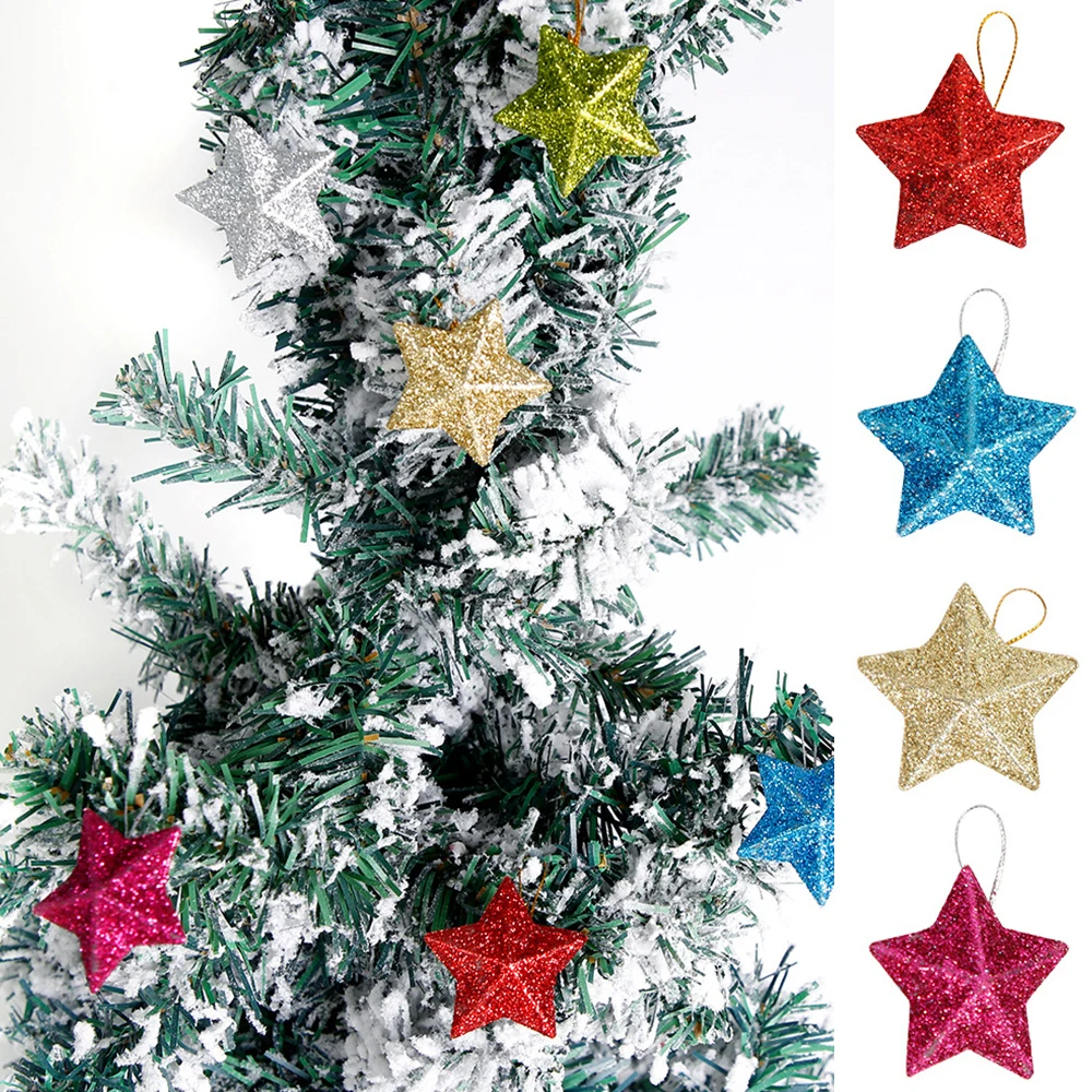 

6 Pcs Glitter Star Pendant Christmas Tree Hanging Ornament Craft 5cm Plastic For Birthday Party Home Decoration Accessories
